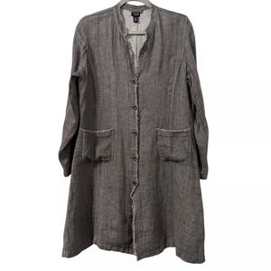 [M]Eileen Fisher Dark Gray Irish Linen LS Fringe Button Duster Cardigan Jacket